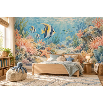 Coral Reef Wallpaper Mural, Peel and Stick Kids Room Wall Mural, Watercolor Ocean Nursery Wallpaper