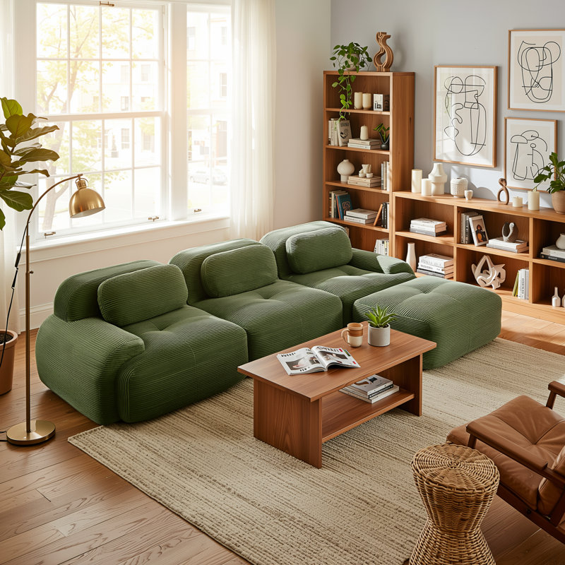 Canapé d'angle modulaire en velours côtelé vert olive, 116 po, assises profondes et accoudoirs incurvés, Vert olive