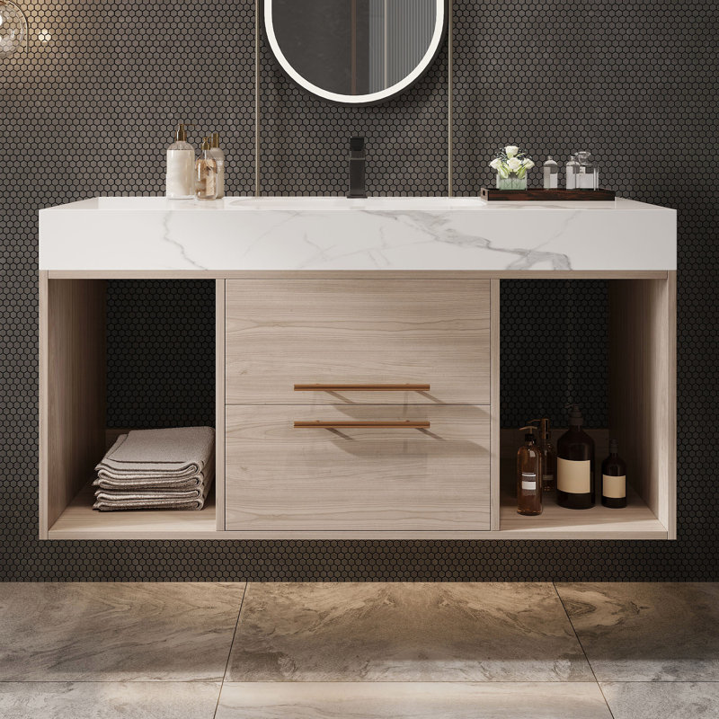 39.4 '' Floating Bathroom Vanity With Ceramic Sink,Wall Mounted Vanity 2 Soft Close Drawer And White Slate Top, Bathroom Vanity