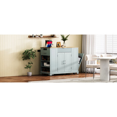 Fluted Kitchen Cart With 10 Gallon Tilt - Out Trash Can, Internal 2 Tier Shelf Rack, 3 Drawers, Open , 5 Smooth Wheels, And A Built In Charging Soluti
