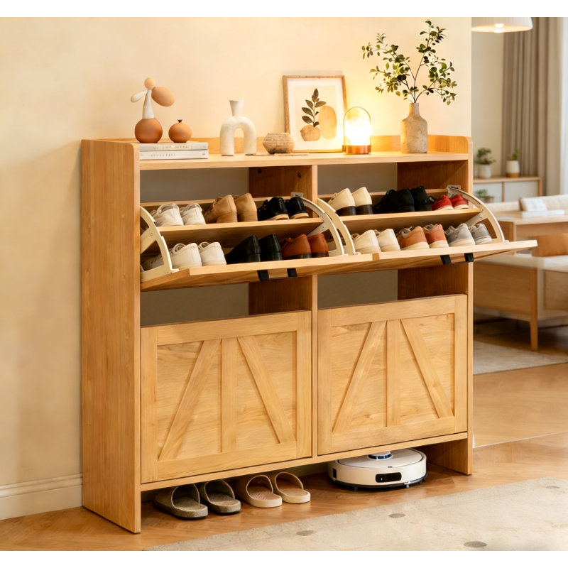 Light Oak Rustic Barn-door Shoe Cabinet With 4 Flip Drawers, Sleek Space-saving Entryway Shoe Cabinet For Living Room