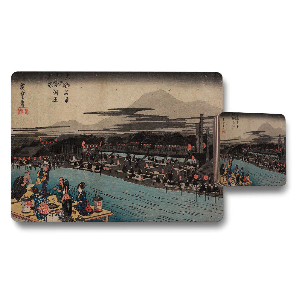 Japanese Ukiyoe Style Placemats And Coasters Set Harbor Scene