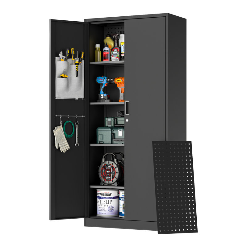 Tall Metal Garage Storage Cabinet With Locking Doors And Pegboard