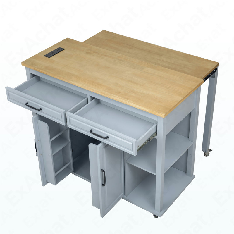 47 Inch Kitchen Island With Extendable Dining Table, Rubber Wood Veneer Kitchen Table With Internal Storage Rack, Power Outlet, Kitchen Island With Storage 2 Drawers 2 Cabinet,Grey Blue