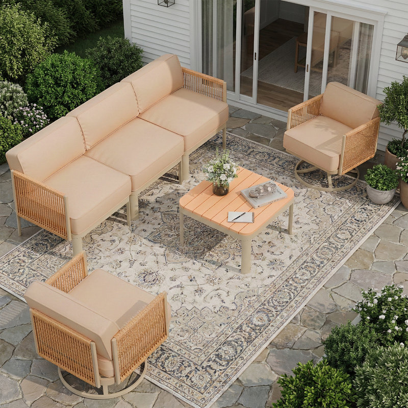 Ensemble de meubles de patio 5 sièges, chaises berçantes pivotantes d'extérieur avec coussins de 6 po d'épaisseur, table basse à 3 places et table basse, ensembles de conversation de patio à cadre en aluminium pour la cour, le bord de la piscine et le balcon, beige