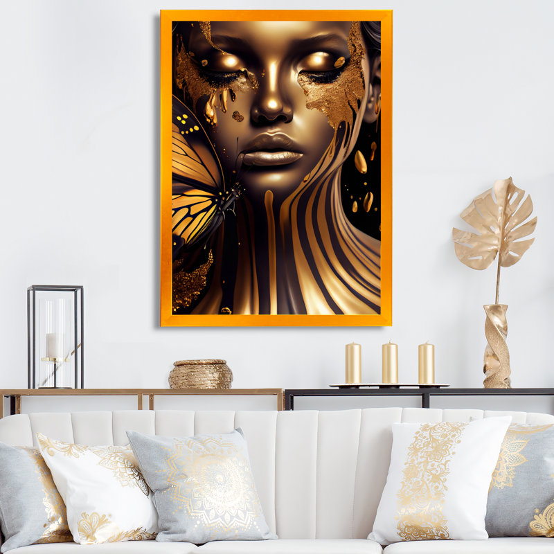 «Woman with Black and Gold Butterflies IV», art mural femme, Impression dorée sur toile encadrée