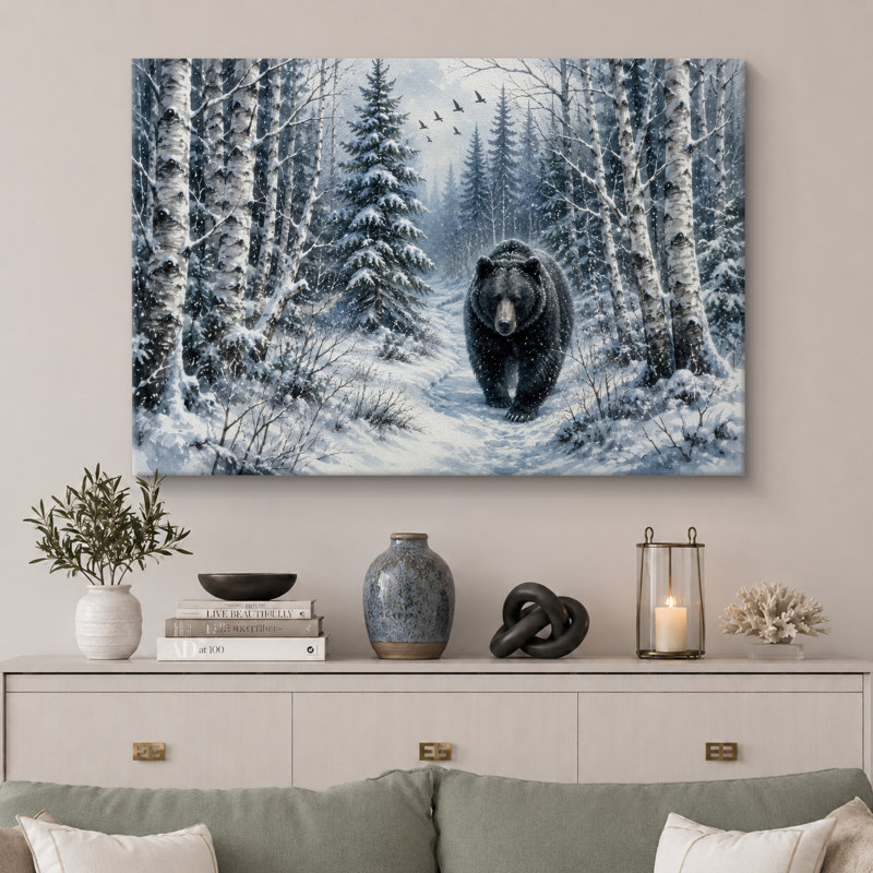 Hiver, forêt, ours, art de la faune, images de cabane, H 24 po x l 36 po x P 1,5 po, Toile tendue