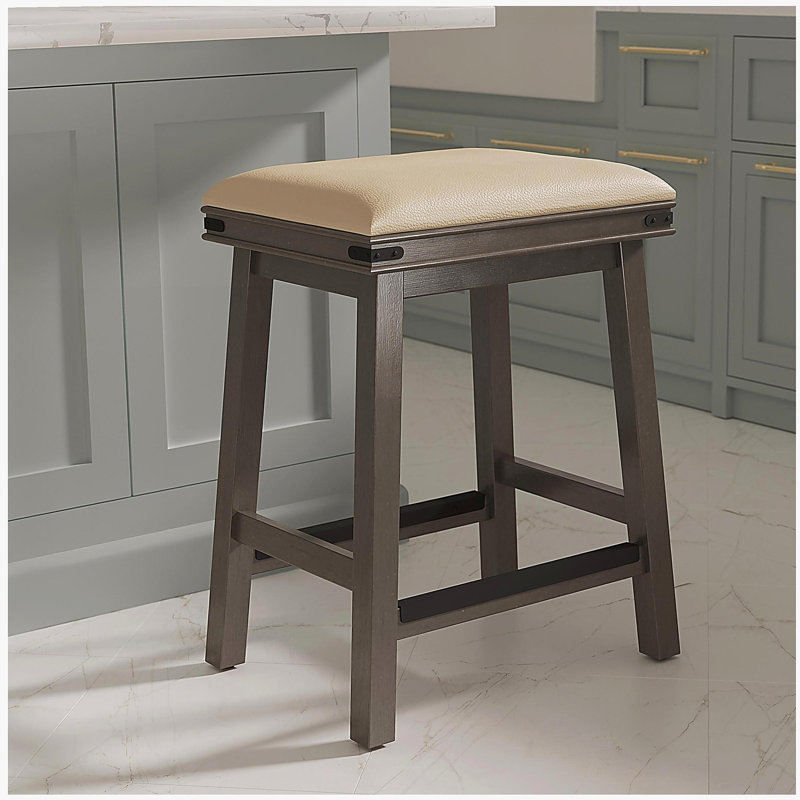 Tabouret de bar 24 po, traitement de surface gris patiné, siège en cuir gris français