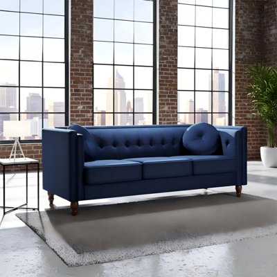 Canapé Chesterfield classique, canapé capitonné Modern Line avec accoudoirs carrés et pieds fuselés en bois, canapé rembourré en velours écrasé pour le salon