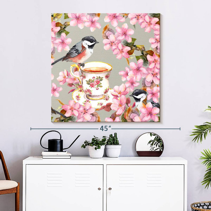 Brampt Bird On Teacup And Pink Flowers