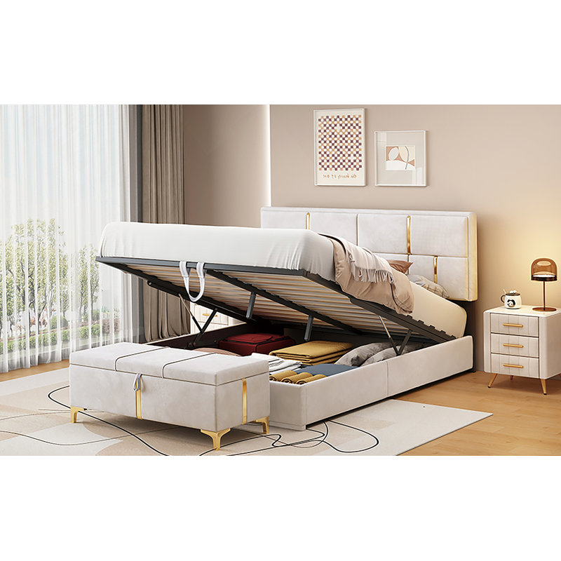 Ensemble de chambre à coucher 2 pièces, lit plateforme tapissier grand avec système de rangement hydraulique, repose-pieds avec pieds en métal, beige