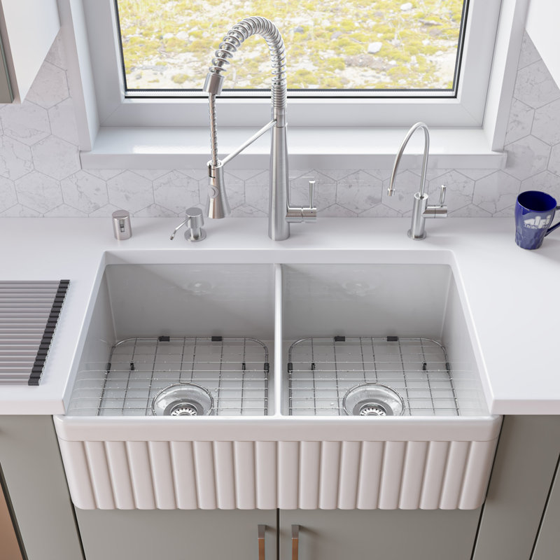 32.75'' L Double Bowl Fireclay Kitchen Sink, White