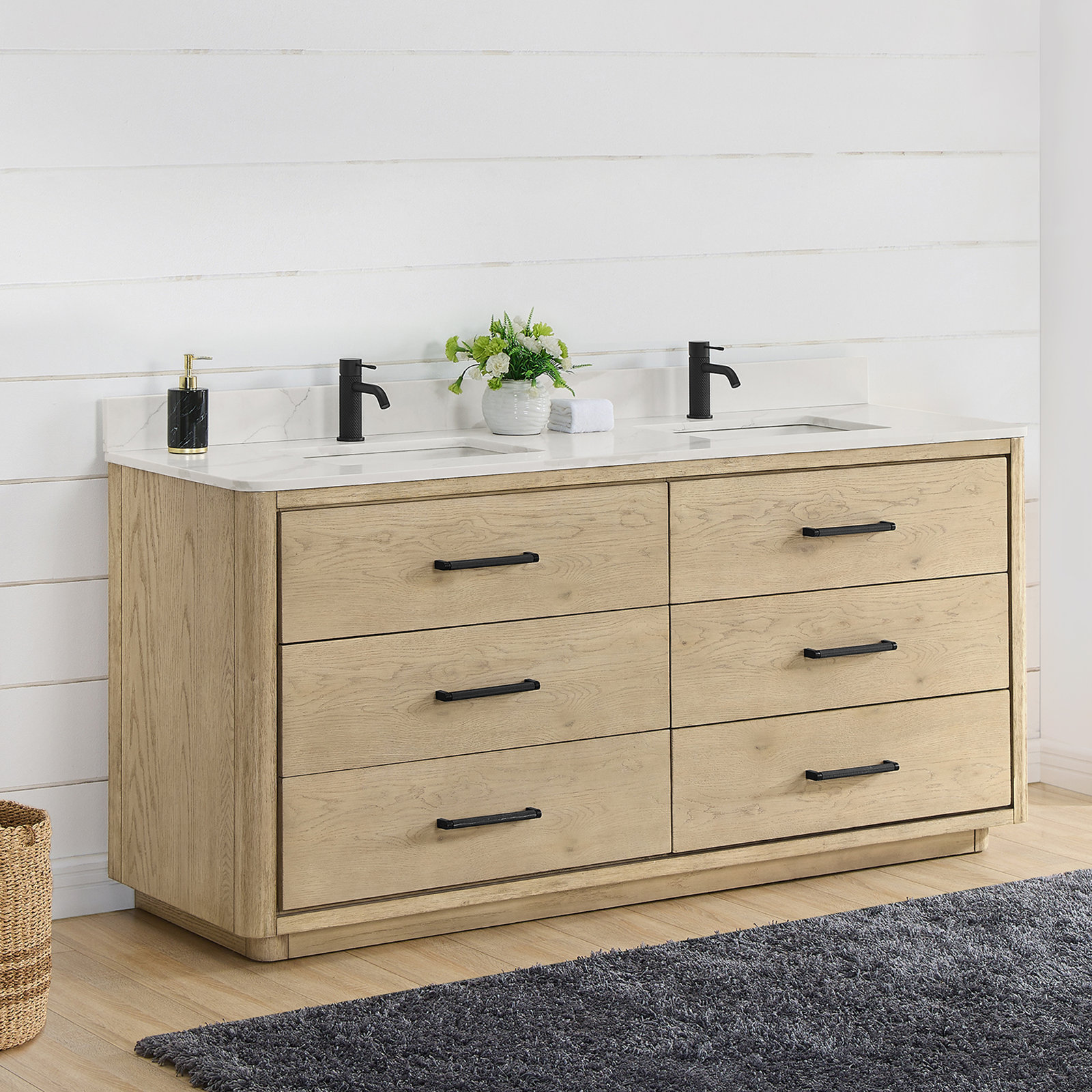 Porto 72'' Double Bathroom Vanity, Natural Oak, Matte Black