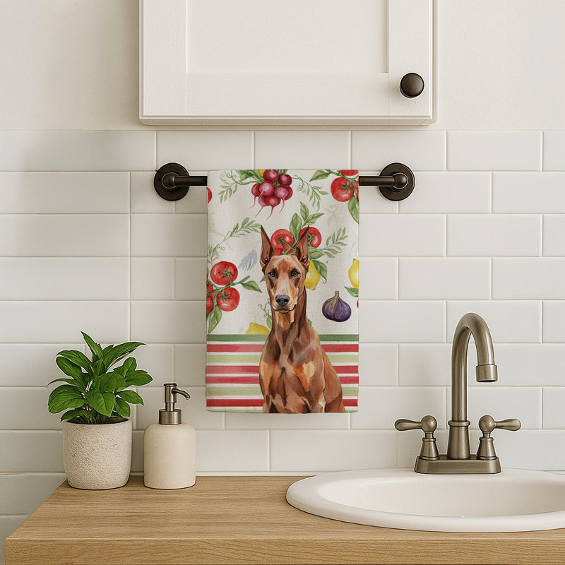 Red Doberman Pinscher Vegetables Kitchen Towel, Red Doberman Pinscher