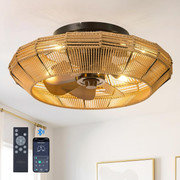 20" Boho Ceiling Fan with Light and Remote, Woven Caged Low Profile Bladeless Ceiling Fans, Flush Mount Bohemian Fandelier Ceiling Fan, 6 Speed, Reversible for Bedroom, Living Room, Kitchen