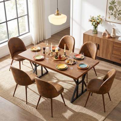 7-Piece Industrial Dining Table Set With Upholstered Dining Chairs, Rectangular Wood-Look Table And Metal Base