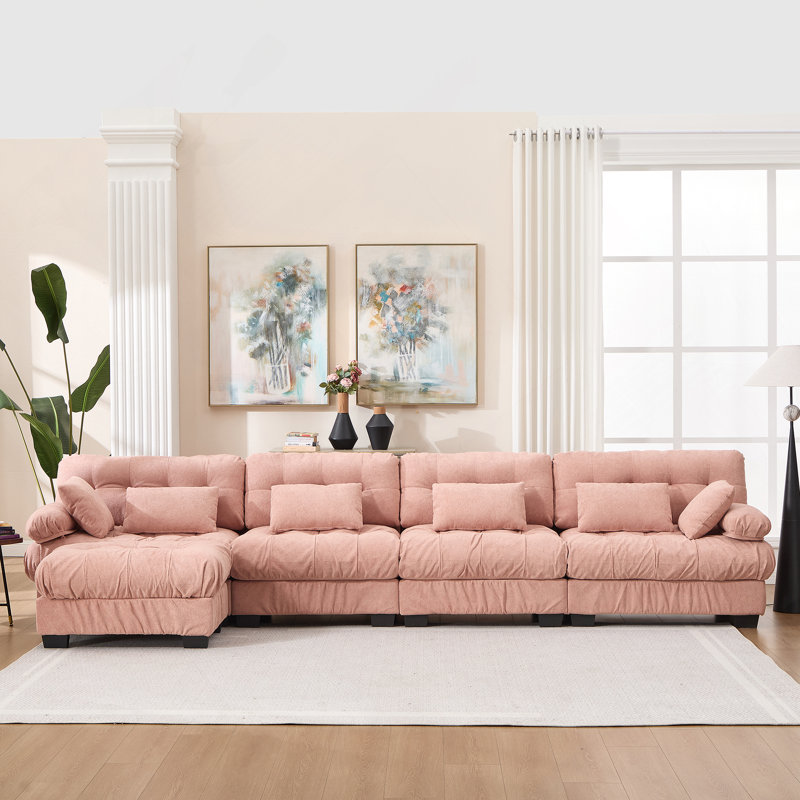 Canapé modulaire Cloud avec assise profonde et revêtement en flanelle, H 35 po x l 158 po x P 57 po, Rose