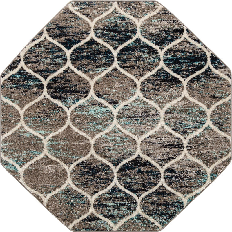 Llanet Geometric Area Rug, Octagon 5'3" x 5'3", Multi Blue