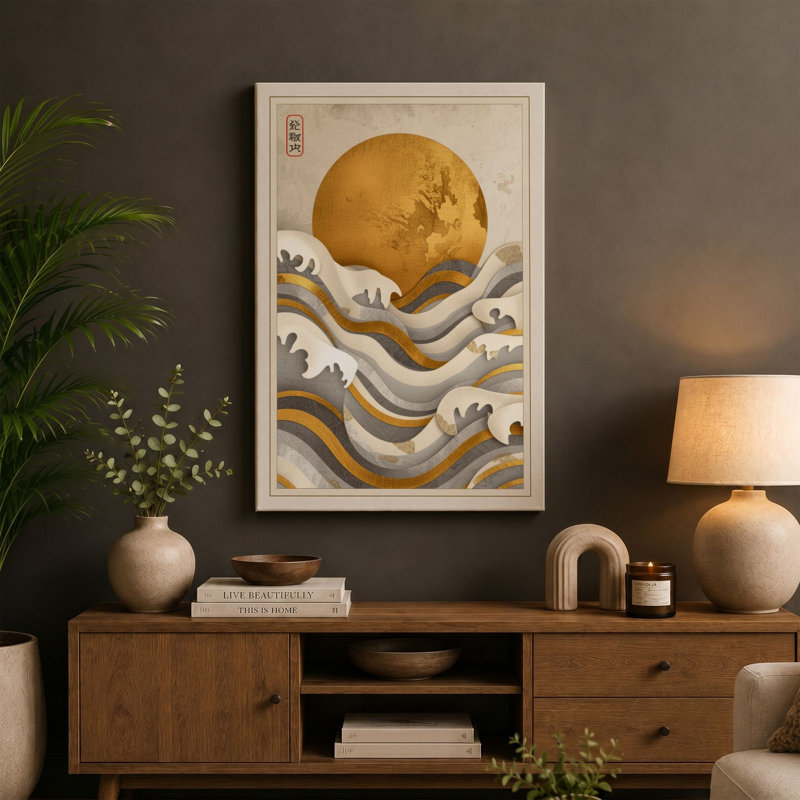 Sun Above Waves Japandi - Wrapped Canvas, 30x20 - 76.2 x 50.8 cm, Taupe Border