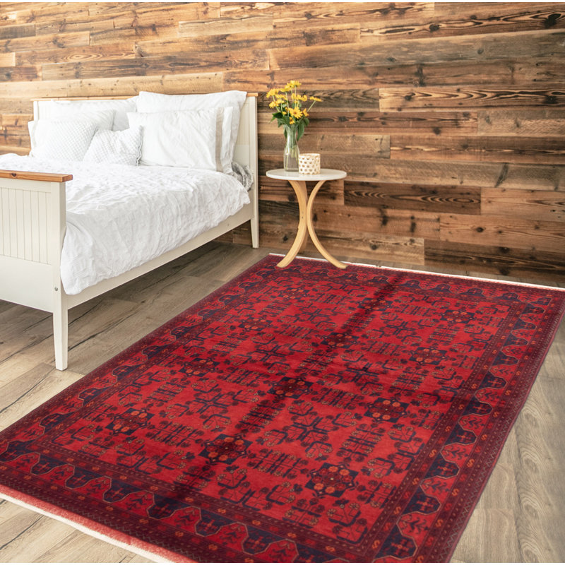 Tapis rouge en laine noué à la main de conception unique 5 pi 10 po x 7 pi 10 po Oliff