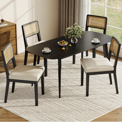 Ensemble de 4 chaises de salle à manger en rotin sans accoudoirs, siège rembourré avec structure en bois, lin noir