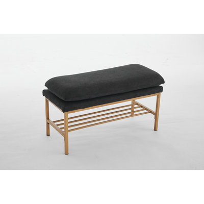 Black Linen Upholstered Living Room Sitting Bench With Metal Legs And Shelf For Bedroom, Entryway, Dining Bedroom Room, Use
