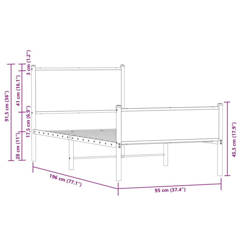 Vidaxl Metal Bed Frame Without Mattress ,  91.5cm H x 80cm W x 196cm L, Smoked Oak