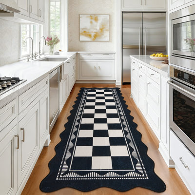 Tapis de couloir 2 pi x 6 pi festonné en damier festonné, envers en TPR antidérapant, tapis à bordure rétro pour vestibule d'entrée de cuisine