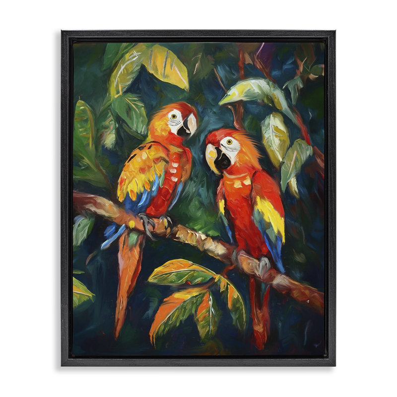 «Perroquet paire sur branche» par Ramona Murdock, Cadre flottant noir de jais, H 21 po x l 17 po x P 1,7 po