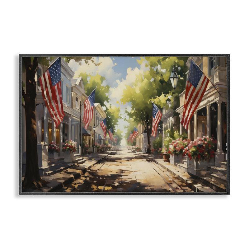  Art de la giclée sur rue avec drapeau américain par Arlington Prints, H 20 po x l 30 po, Giclée encadrée noir minuit