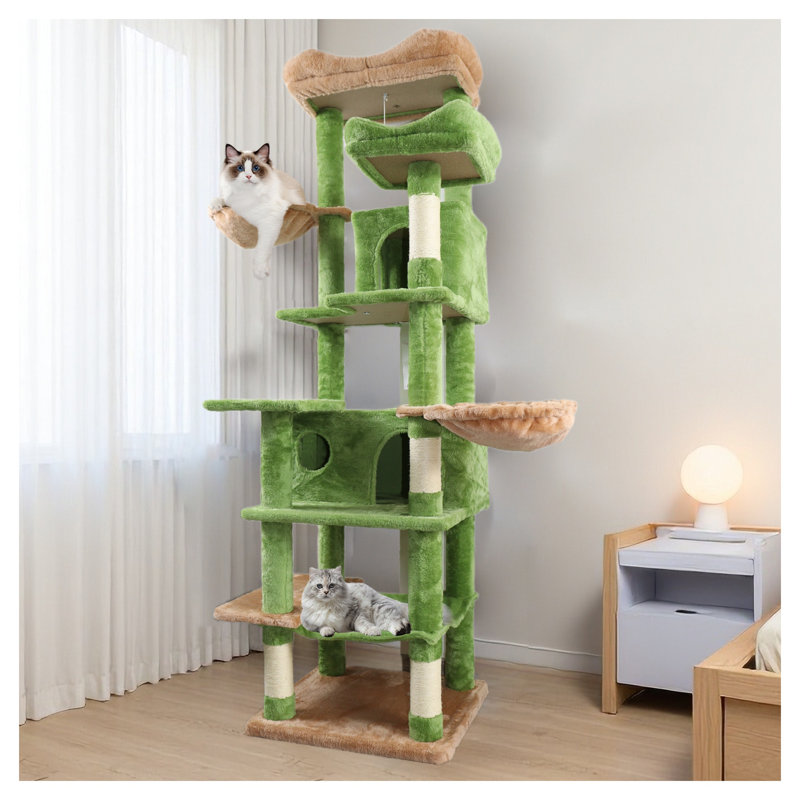 Arbre à chat multiniveaux de 173 cm de hauteur avec hamacs, panier suspendu et grotte - Tour autoportante verte en peluche pour chats d'intérieur