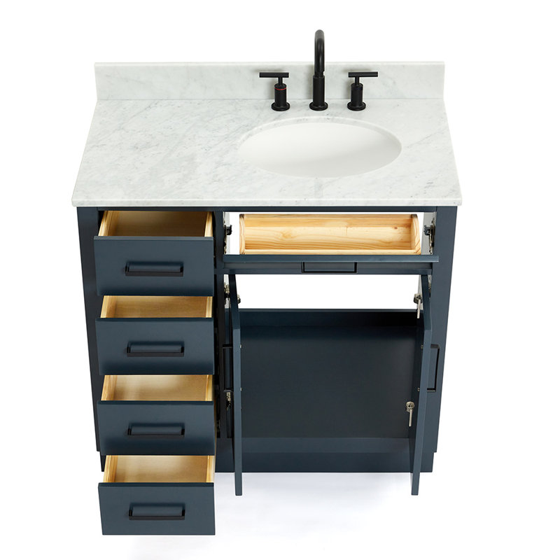 Meuble-lavabo simple Jameal de 36 po en bois massif avec comptoir en marbre de Carrare de 0,75 po et lavabo ovale dÃ©calÃ© Ã  droite