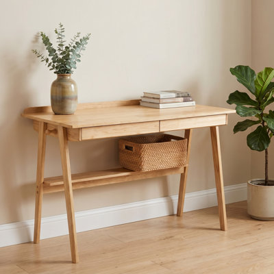 Modern Solid Wood Writing Desk with 2 Drawers, Storage Shelf & Side Hooks, Small Space Home Office Table for Bedroom Study Office