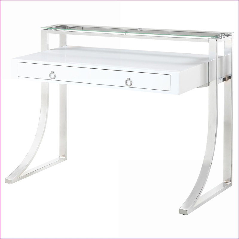 Bureaux, bureau d'écriture moderne à 2 tiroirs avec huche en verre, l 48 po x P 23,5 po x H 36 po | Blanc brillant | Bois aggloméré + métal