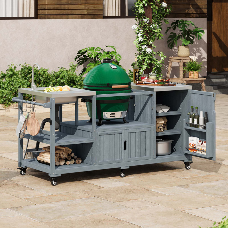 Îlot de cuisine extérieur en bois massif durable avec plateau en acier inoxydable, évier et gril à œufs vert compatible XL