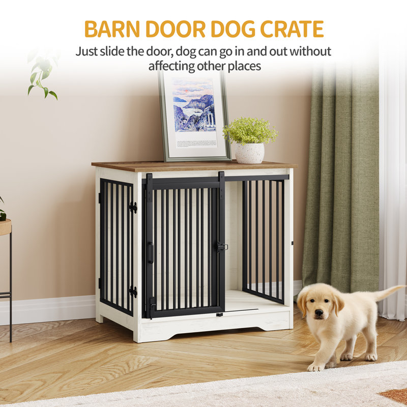 Dog Crate Furniture, 69 cm Double Door Wooden Dog Crate with Barn Door, Indoor Kennel, End Side Table Wooden Animal Crates for Small Dogs, Anti-Chew Anti-Escape