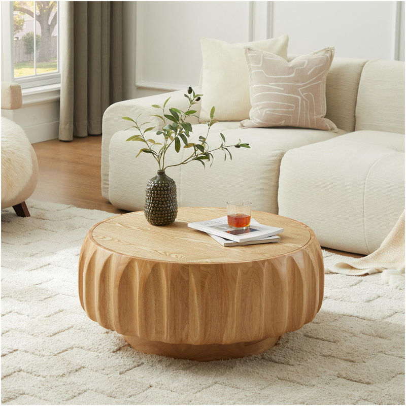 Round Solid Wood Carved Coffee Table With Elegant Sculptural Design, Natural Wood