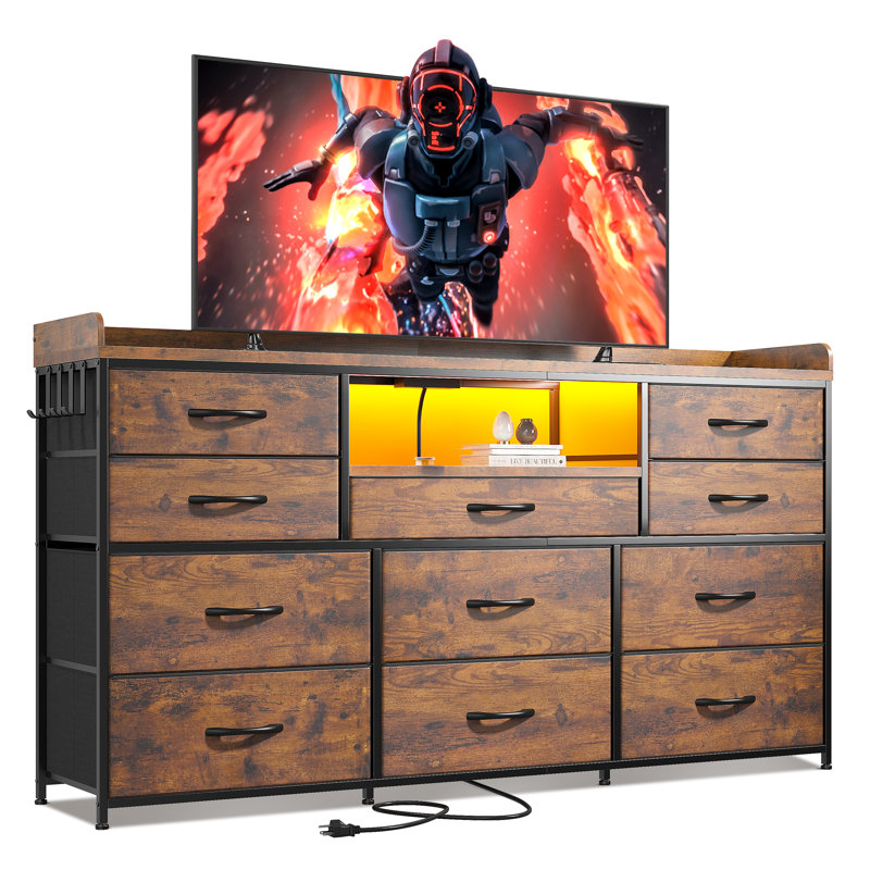 11-Drawer Dresser TV Stand with LED Lights & Power Outlets - Bedroom Media Console, Fabric Drawers & Hooks, Brown
