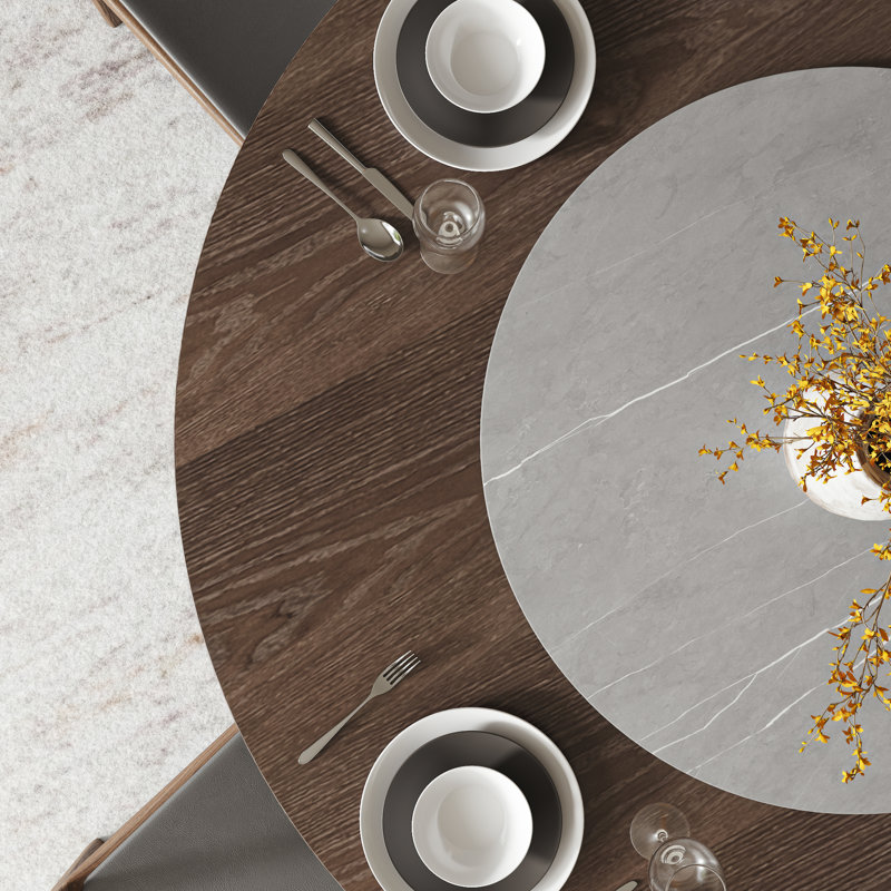 Dark Brown Thick Walnut Tone Solid Wood Dining Table With Removable Stone Lazy Susan, 29.52"H x 53.15"L x 53.15"W