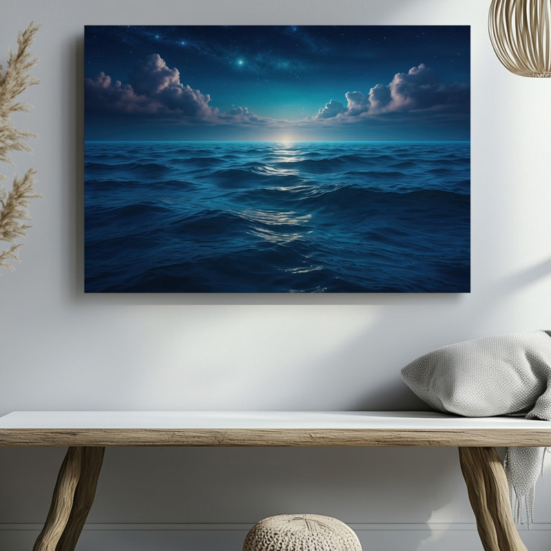 Toile, paysage serein de nuit avec un vaste océan ondulé sous un art mural, H 9 po x l 12 po