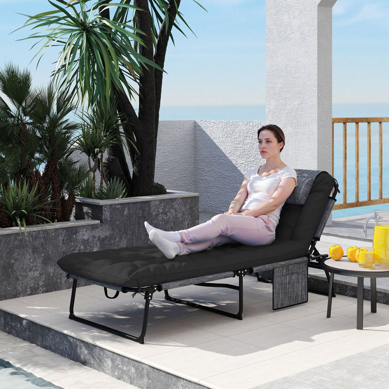 Chaise longue pliante avec coussin, fauteuil de bronzage inclinable, noir