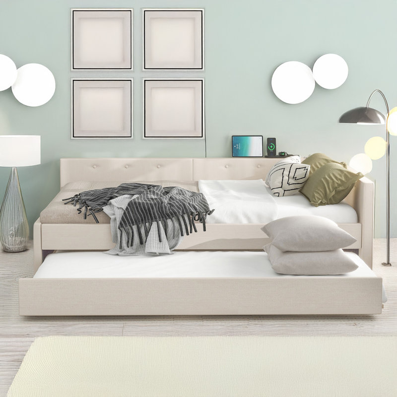 Mitsuko Upholstered Platform Bed with USB and Twin Size Trundle, Queen