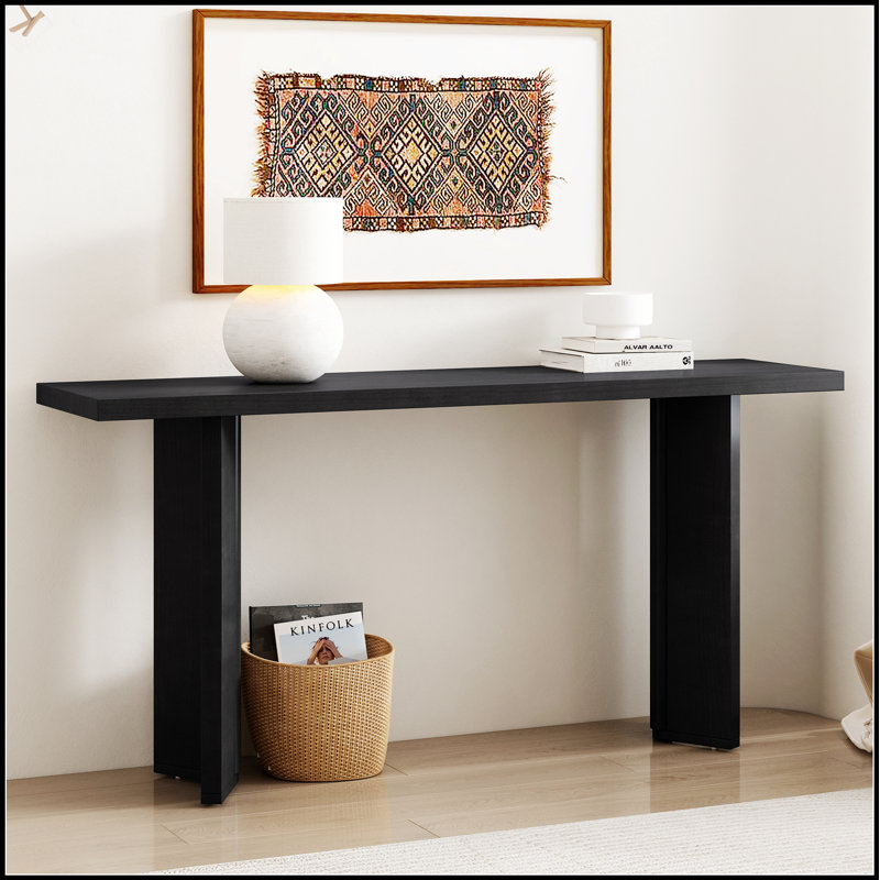 Élégante console avec placage en pin et pieds géométriques, idéale pour le salon, le bureau et la salle à manger, Black