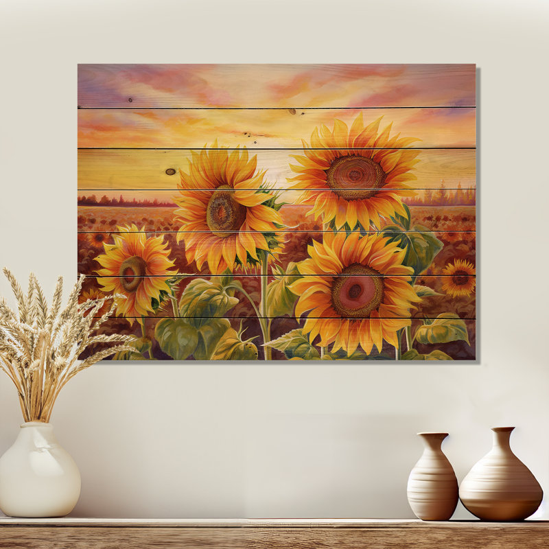 Burning Sunset Sunflowers Field - Tournesols, art sur bois de pin naturel, H 30 po x l 40 po