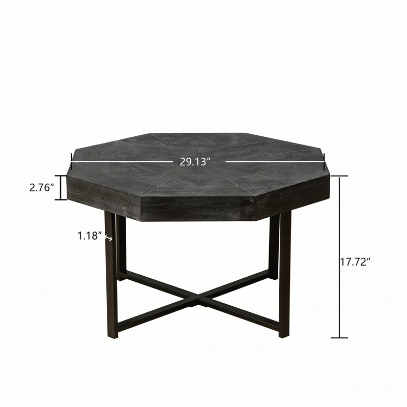 Wood Octagonal Vintage Patchwork Craft Farmhouse Coffee Table For Living Room, Black