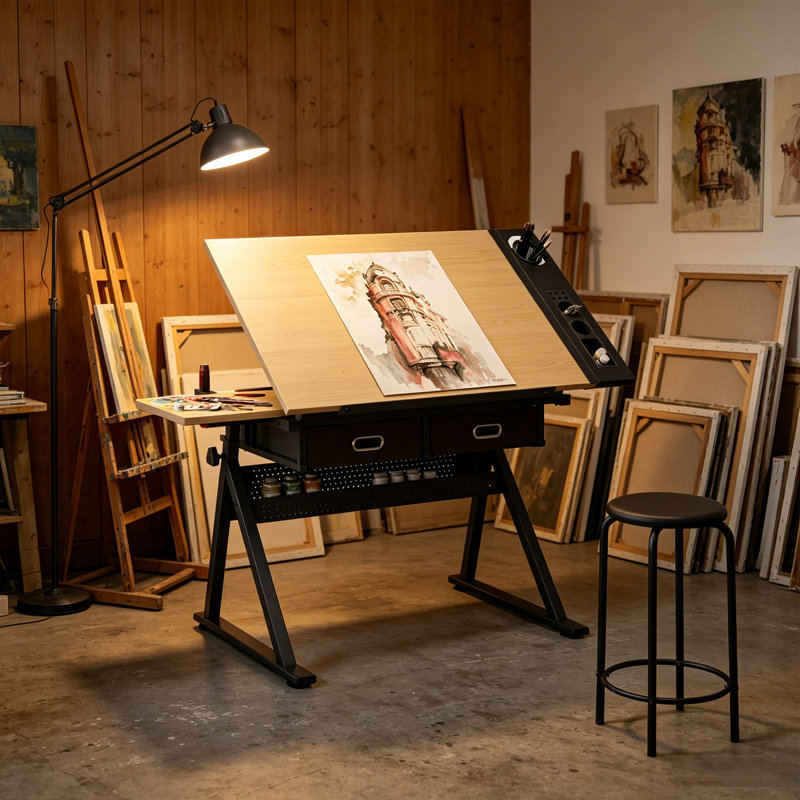 Table de travail avec tabouret, Chêne / noir