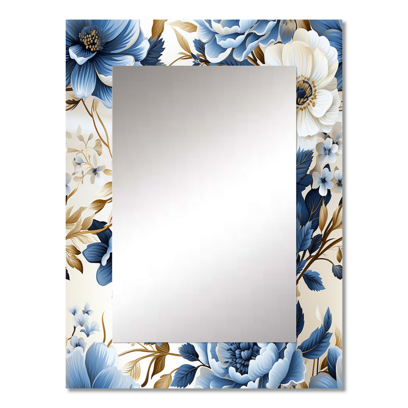 Celica Blue And White Exotic Floral Canvas - Floral Mirror, Cottage Decorative Wall Mirror, Printed Metal Art, 32" x 24"