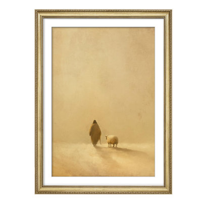 Décoration murale minimaliste avec berger chrétien et agneau dans un paysage brumeux doré