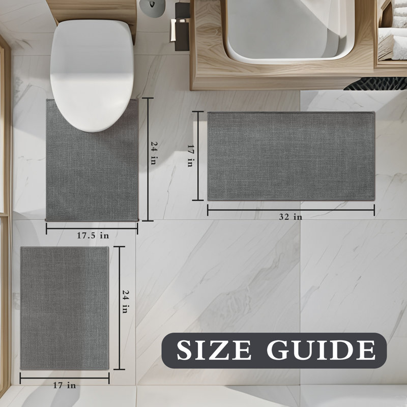 3 Piece Linen-Look Bath Rug Set with Non-Slip Backing, Dark Gray