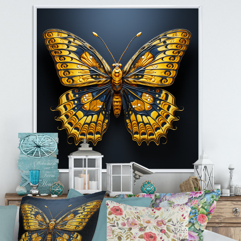 «Lemon Yellow Tones» représentant des papillons sur toile, Cadre flottant blanc, H 24 po x l 24 po